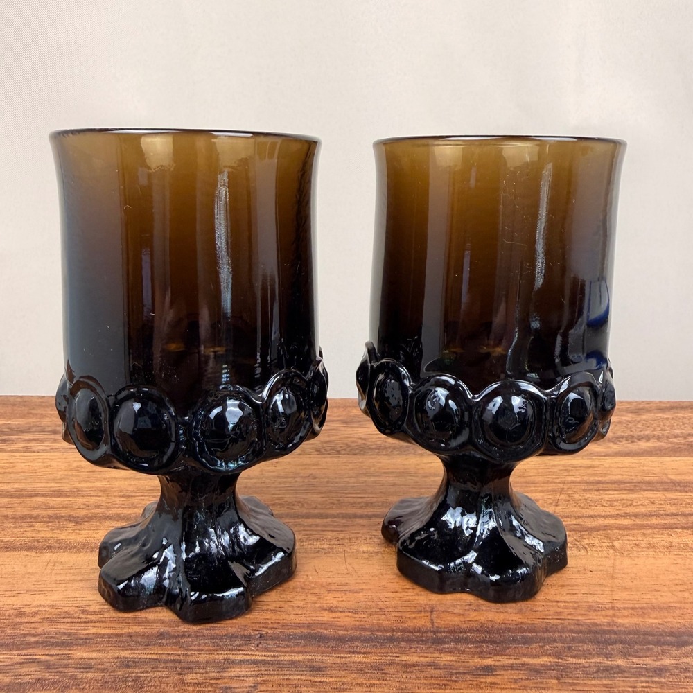Tiffin Franciscan Madeira Amber Glass Goblets MCM Footed Water Glasses Set of 2